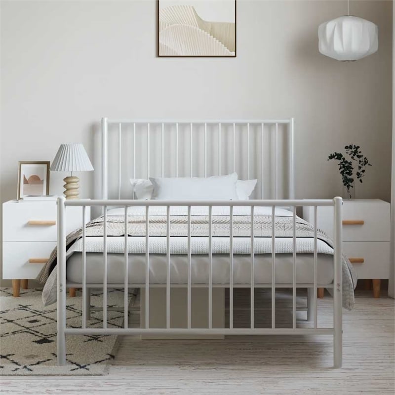 vidaXL Powder-Coated Steel Twin Bed Frame in White