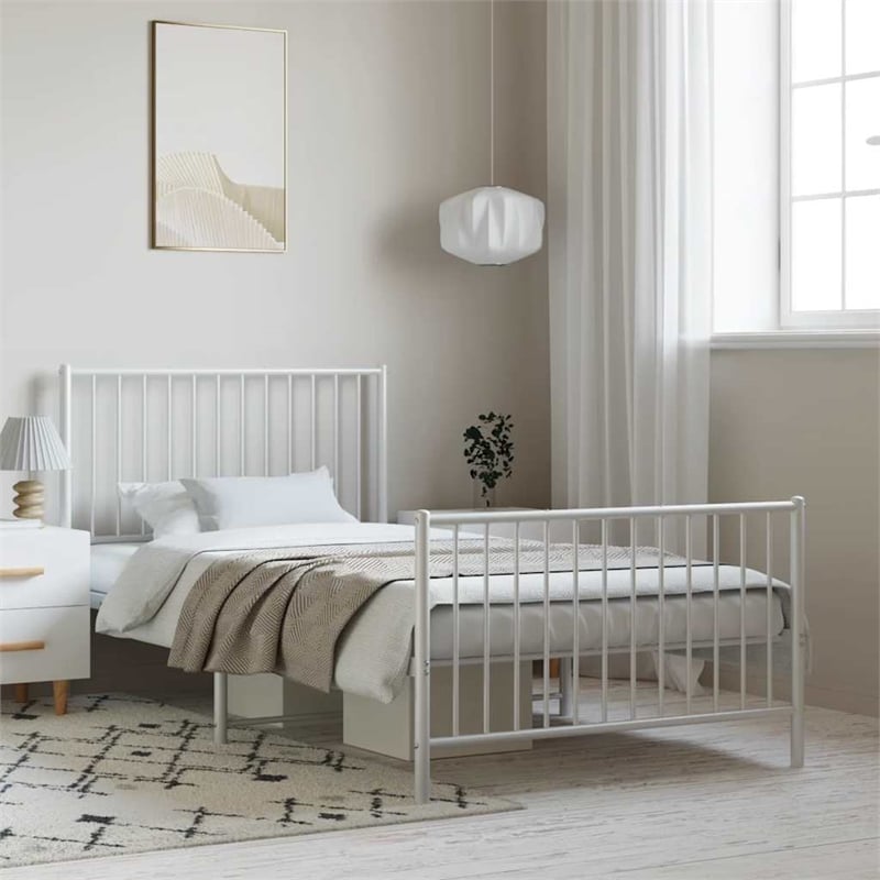 vidaXL Powder-Coated Steel Twin Bed Frame in White