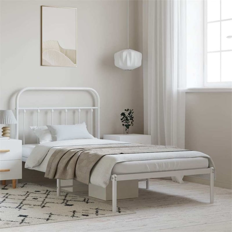 vidaXL Rectangular Powder-Coated Steel Twin Bed Frame in White