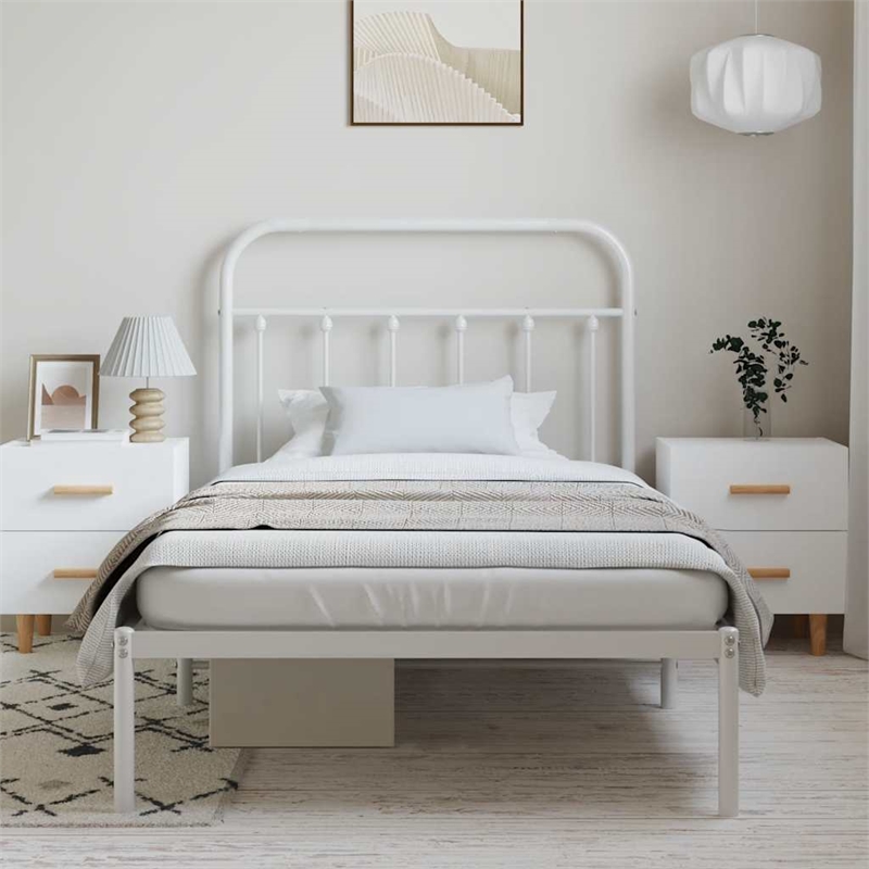 vidaXL Rectangular Powder-Coated Steel Twin Bed Frame in White