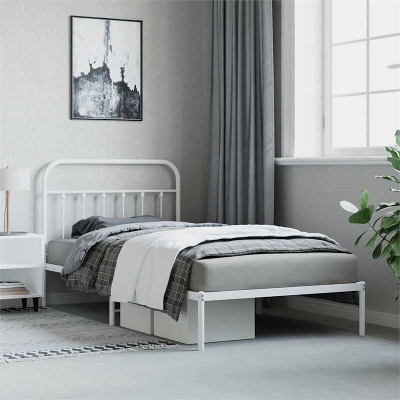 vidaXL Rectangular Powder-Coated Steel Twin Bed Frame in White