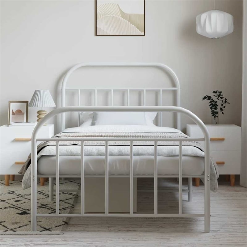 vidaXL Rectangular Powder-Coated Steel Single Bed Frame in White