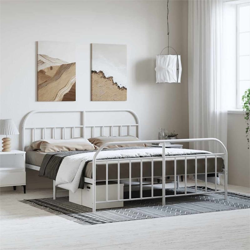 vidaXL Rectangular Powder-Coated Steel Full Bed Frame in White