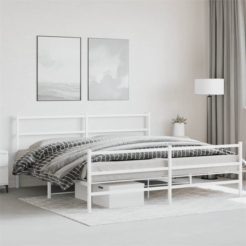 vidaXL Rectangular Powder-Coated Steel Full Bed Frame in White