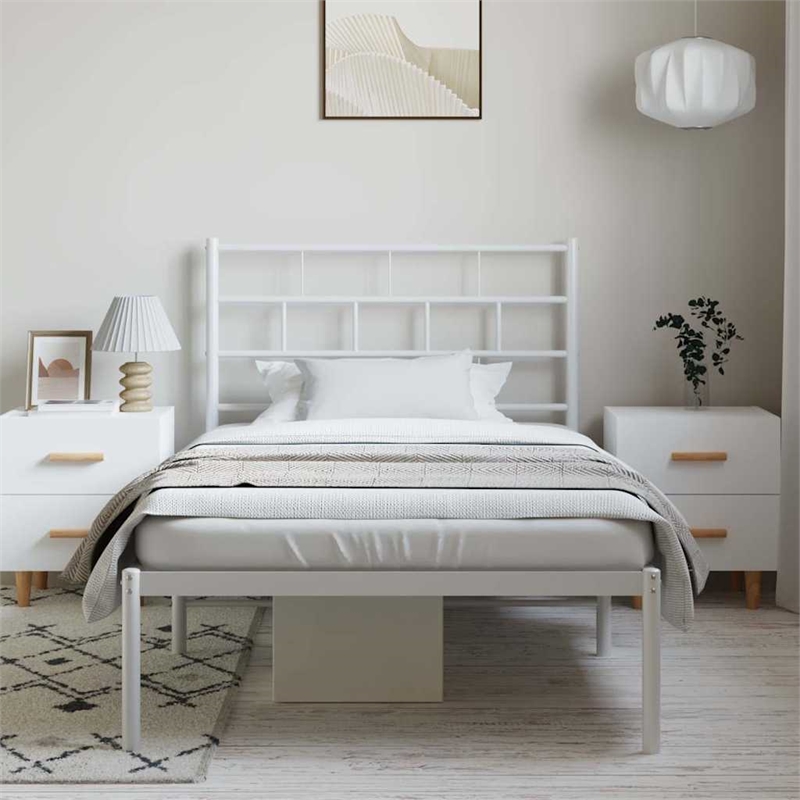 vidaXL Rectangular Powder-Coated Steel Twin Bed Frame in White
