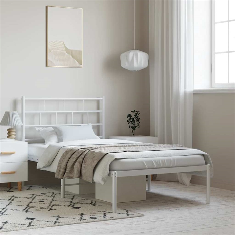 vidaXL Rectangular Powder-Coated Steel Twin Bed Frame in White