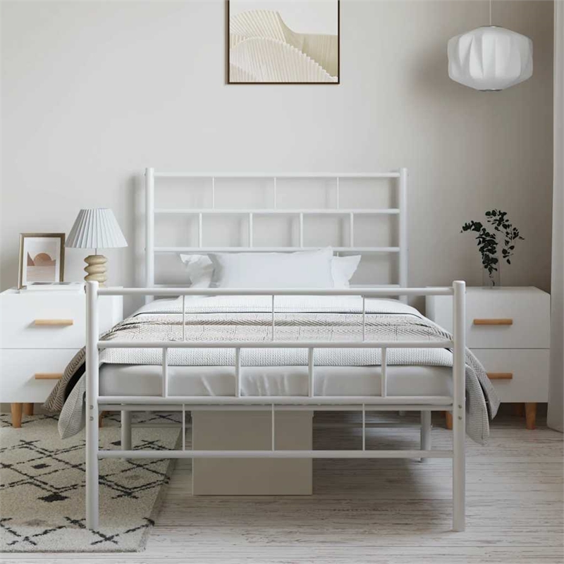 vidaXL Rectangular Powder-Coated Steel Twin Bed Frame in White