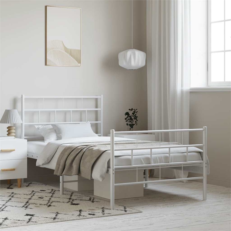 vidaXL Rectangular Powder-Coated Steel Twin Bed Frame in White