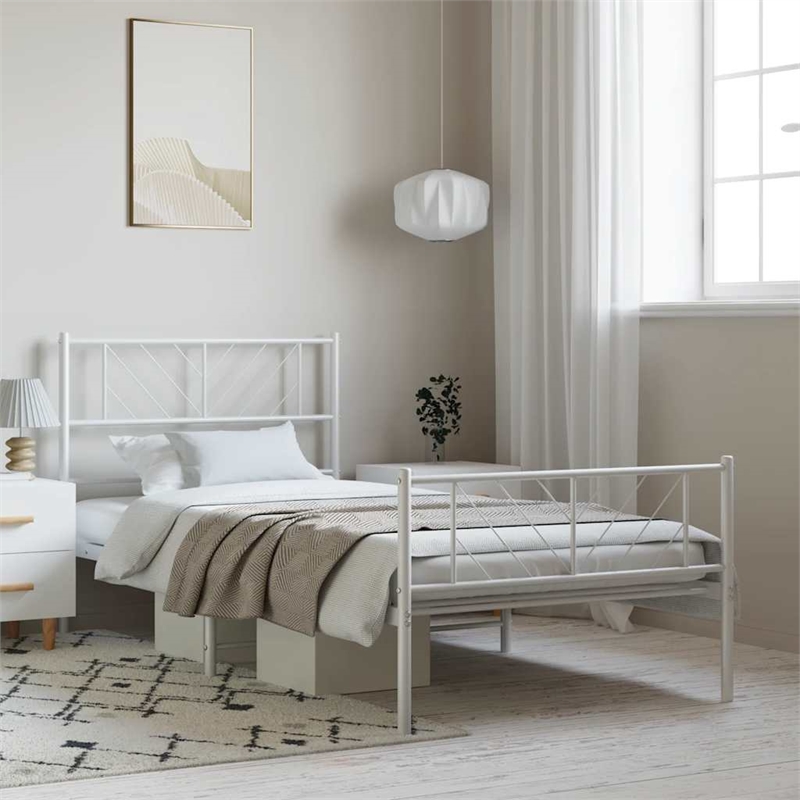 vidaXL Powder-Coated Steel Single Metal Bed Frame in White