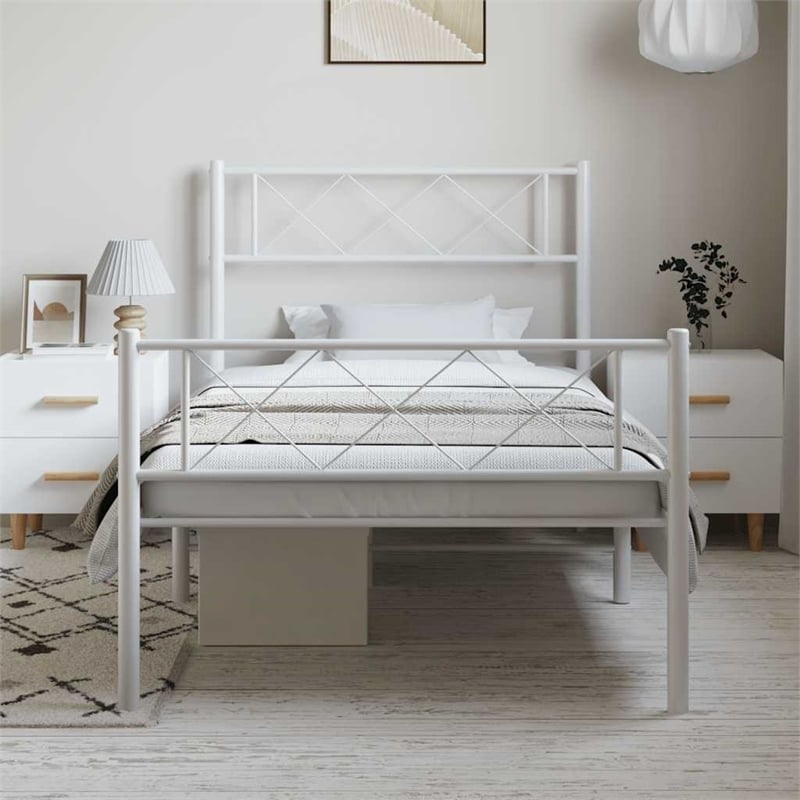 vidaXL Rectangular Powder-Coated Steel Twin Bed Frame in White