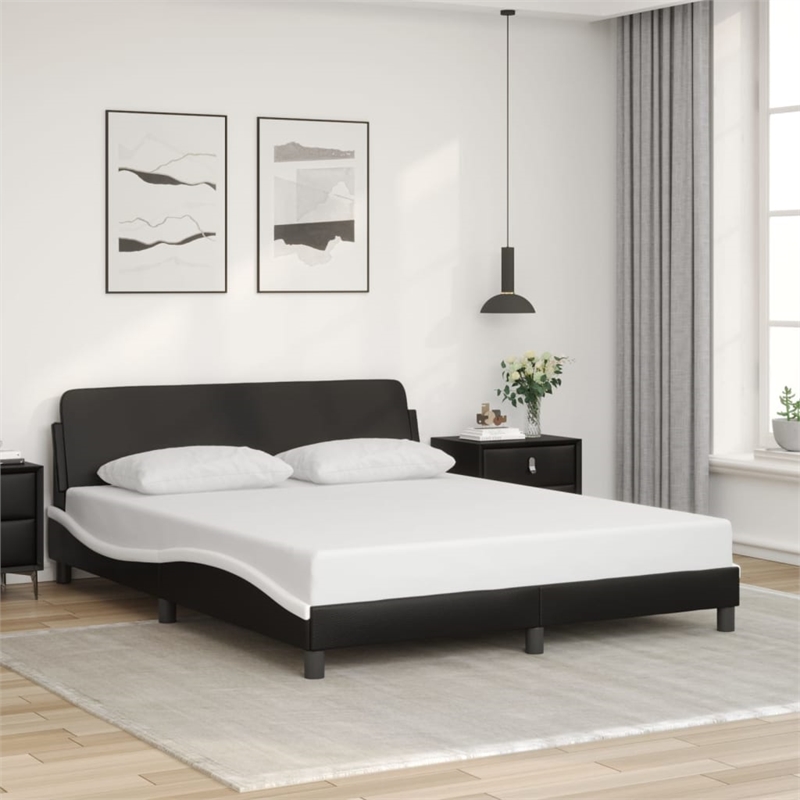 vidaXL Engineered Wood Faux Leather Queen Bed Frame in Black and White