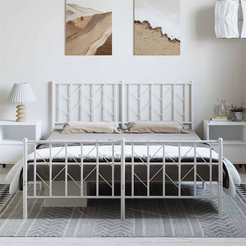 vidaXL Modern Rectangular Steel King Bed Frame in White