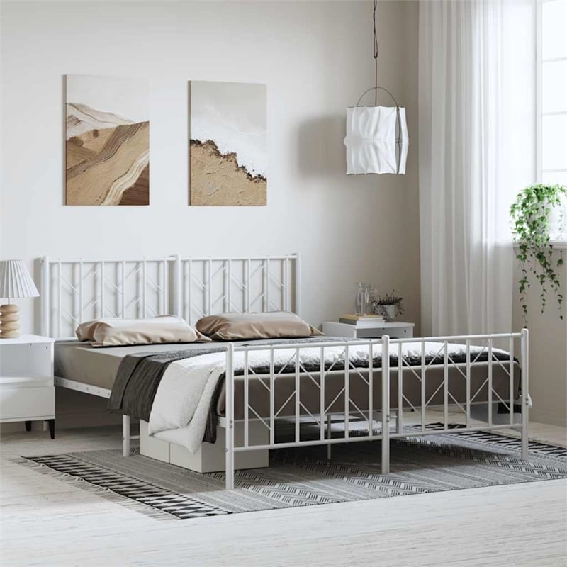 vidaXL Modern Rectangular Steel King Bed Frame in White