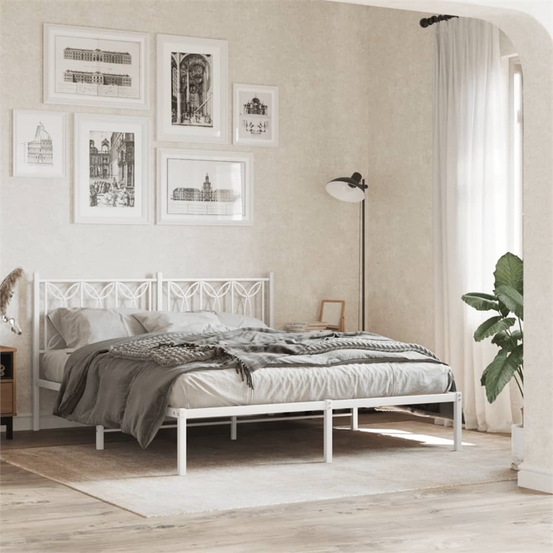 vidaXL Modern Rectangular Steel King Bed Frame in White