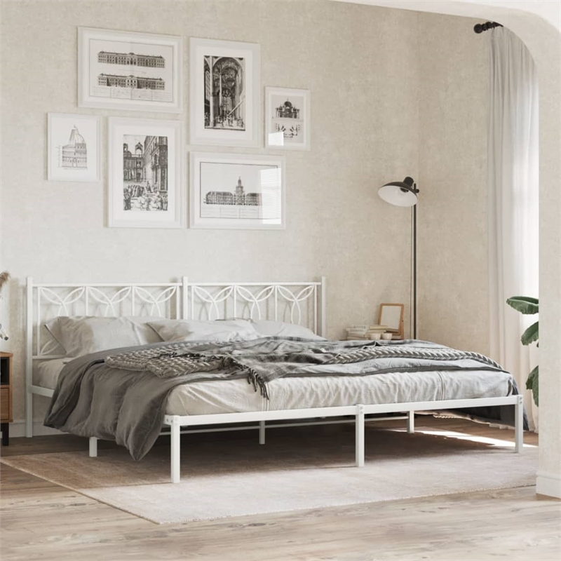 vidaXL Rectangular Powder-Coated Steel Full Bed Frame in White