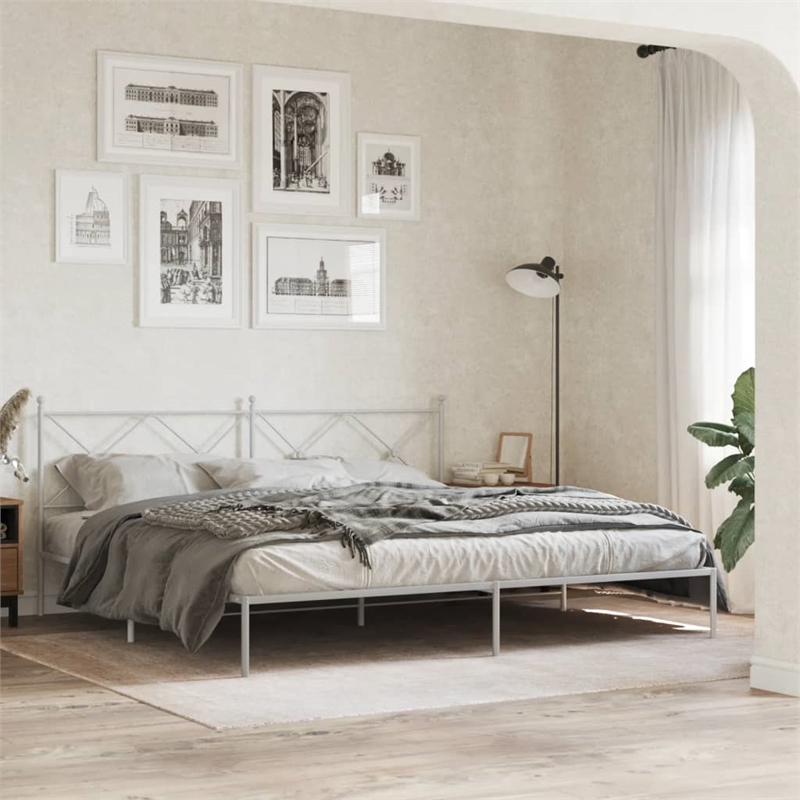 vidaXL Rectangular Powder-Coated Steel Full Bed Frame in White