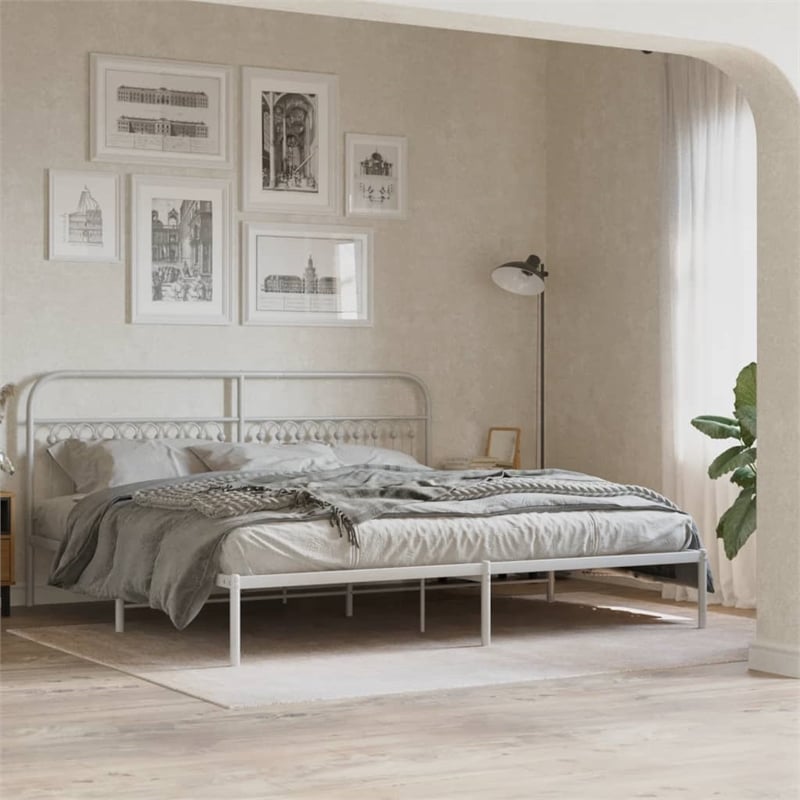 vidaXL Rectangular Powder-Coated Steel Full Bed Frame in White