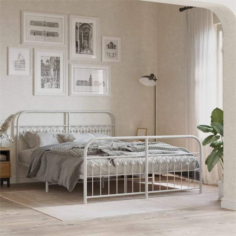 vidaXL Rectangular Powder-Coated Steel Full Bed Frame in White