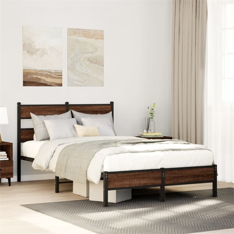 vidaXL Engineered Wood Steel Small Bed Frame in Brown Oak