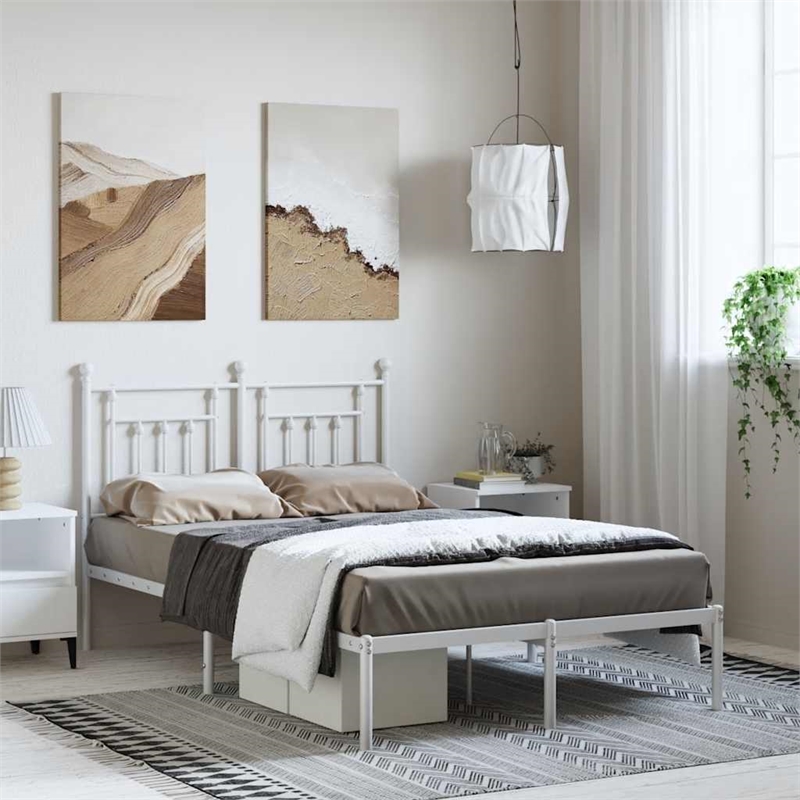 vidaXL Rectangular Powder-Coated Steel Full Bed Frame in White