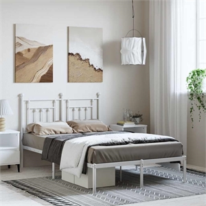 vidaXL Rectangular Powder-Coated Steel Full Bed Frame in White