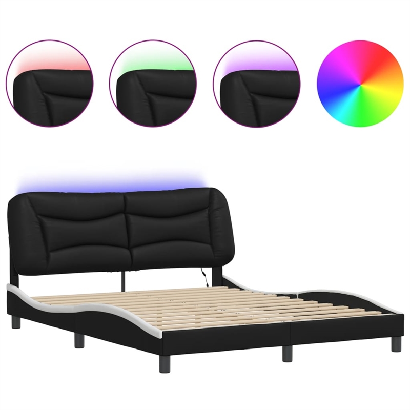 vidaXL Engineered Wood Faux Leather Queen Bed Frame in Black and White