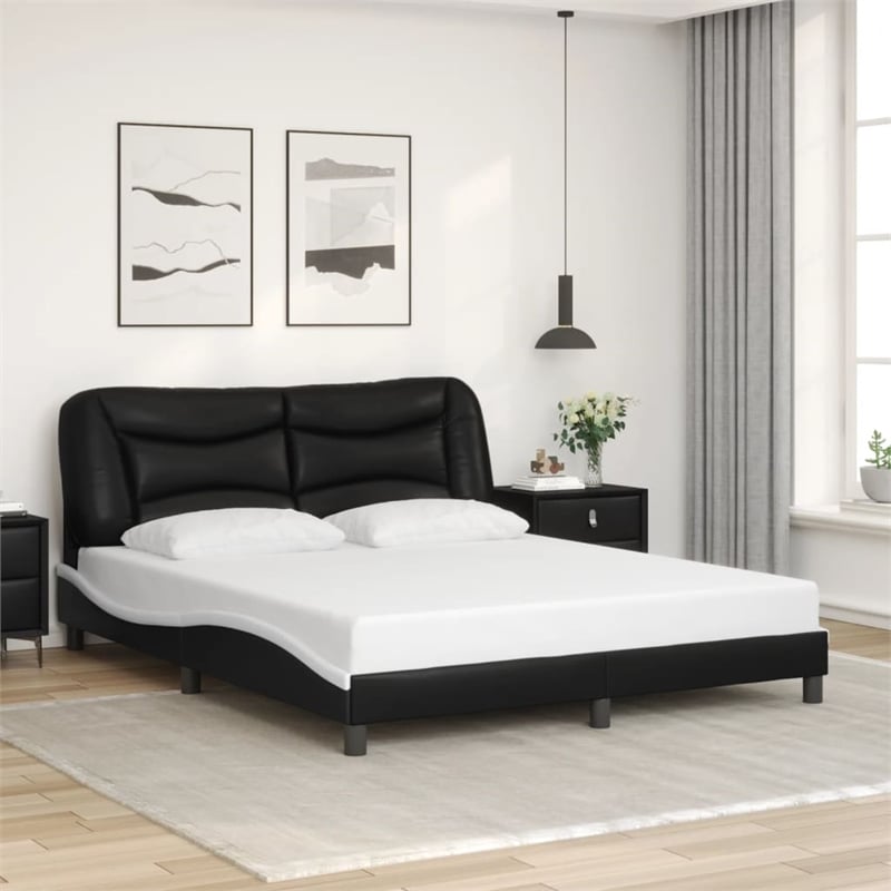 vidaXL Engineered Wood Faux Leather Queen Bed Frame in Black and White