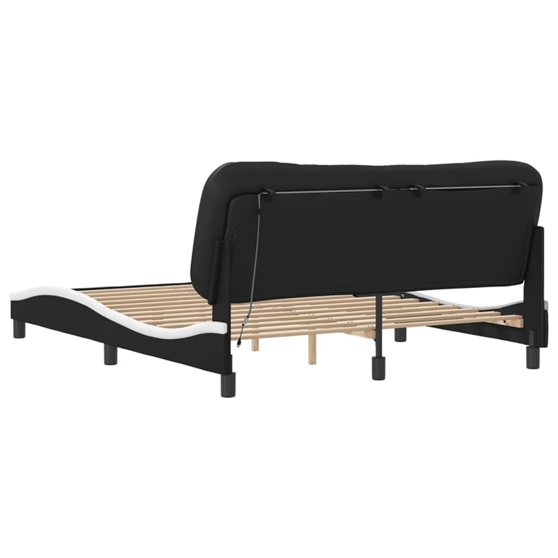 vidaXL Engineered Wood Faux Leather Queen Bed Frame in Black and White