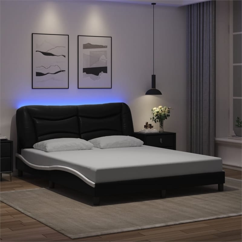 vidaXL Engineered Wood Faux Leather Queen Bed Frame in Black and White