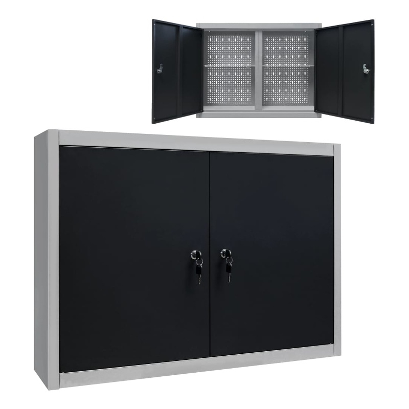 vidaXL Industrial Style Metal Wall Mounted Tool Cabinet in Gray and Black