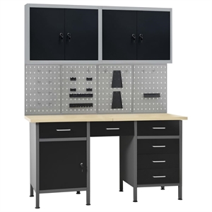 vidaXL Four Wall Panels and Two Cabinets Workbench in Black