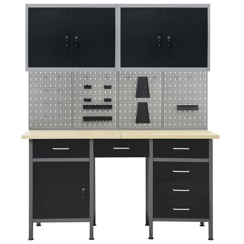 vidaXL Four Wall Panels and Two Cabinets Workbench in Black