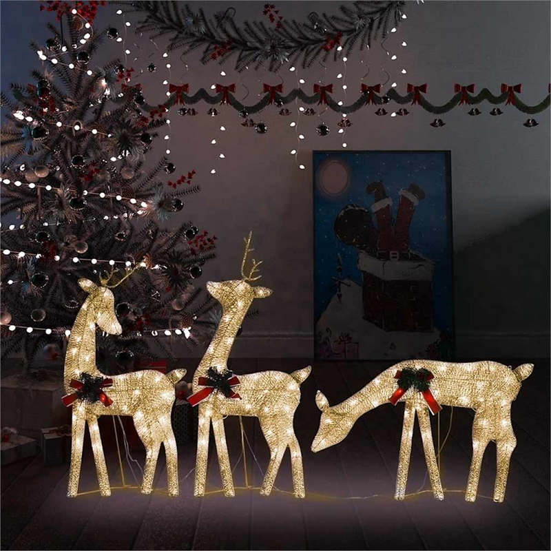 vidaXL Large Steel Christmas Reindeer Family Set of 3 in Gold Fabric
