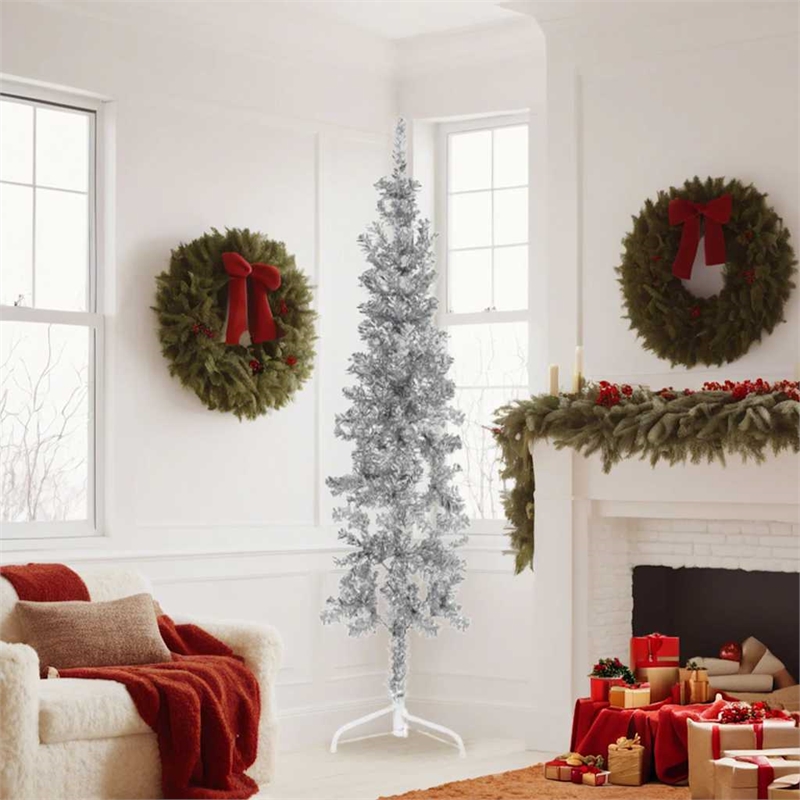 vidaXL PVC Steel Slim Artificial Half Christmas Tree in Silver