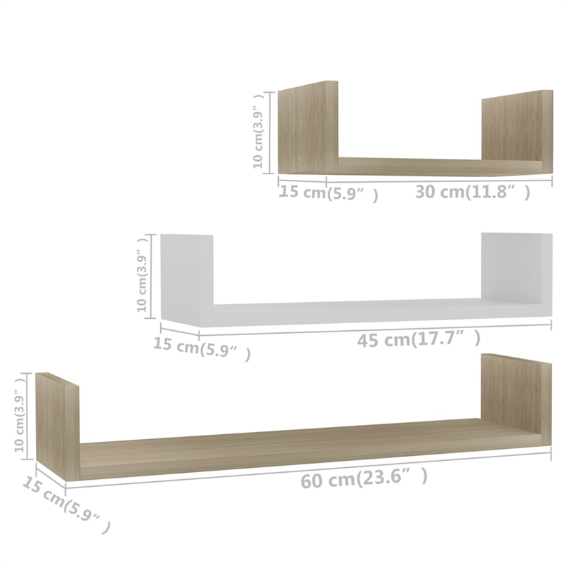 vidaXL Large Medium Small Engineered Wood Shelf Set of 3 in White/Multicolor