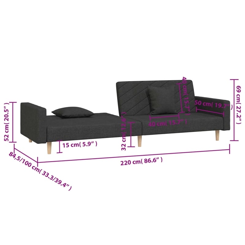 Vidaxl Metal 2-Seater Sofa Bed in Black Fabric