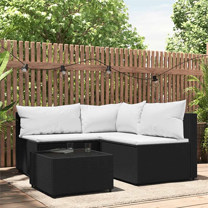 vidaXL PE Rattan Powder-Coated Steel & Tempered Glass Patio Lounge Set in Black