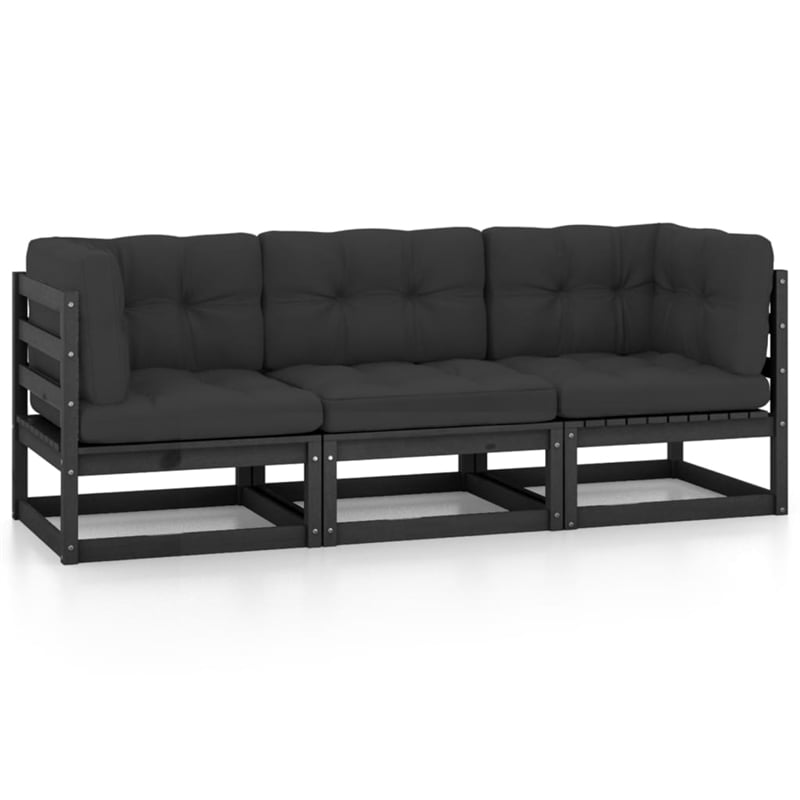 vidaXL 3-Seater Solid Pinewood & Polyster Fabric Garden Sofa in Black