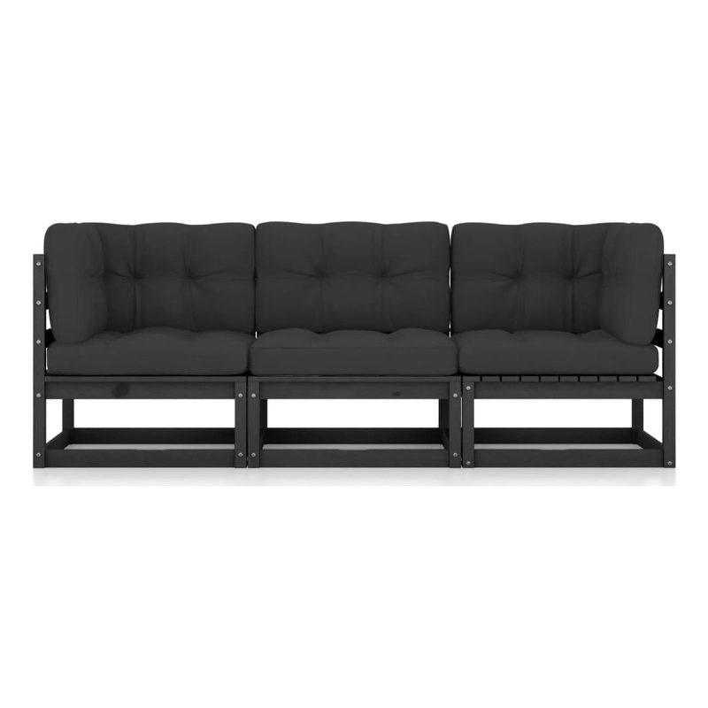 vidaXL 3-Seater Solid Pinewood & Polyster Fabric Garden Sofa in Black