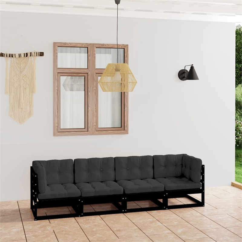 vidaXL 4-Seater Solid Pine Wood & Polyester Garden Sofa in Black