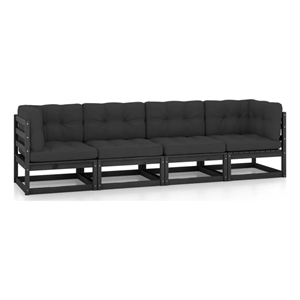 vidaXL 4-Seater Solid Pine Wood & Polyester Garden Sofa in Black