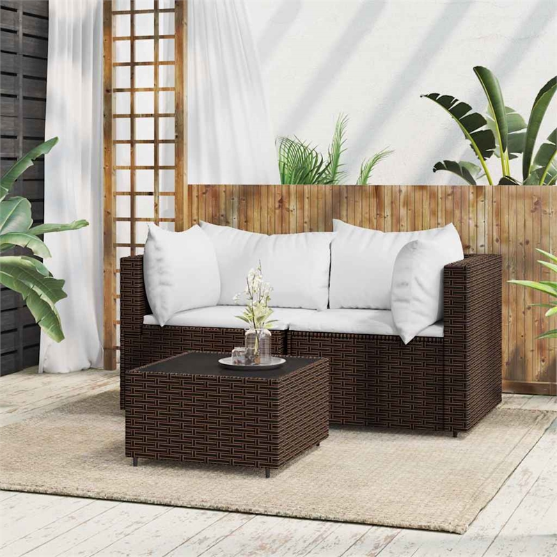 vidaXL 3 Piece Patio Lounge Set With Cushions in Cream White/Brown Poly Rattan