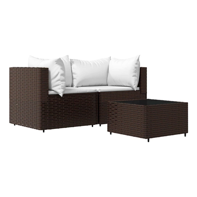 vidaXL 3 Piece Patio Lounge Set With Cushions in Cream White/Brown Poly Rattan