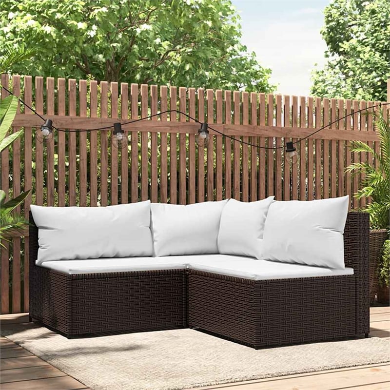 vidaXL 3 Piece Patio Lounge Set With Cushions in Cream White/Brown Poly Rattan