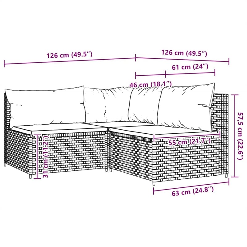 vidaXL 3 Piece Patio Lounge Set With Cushions in Cream White/Brown Poly Rattan