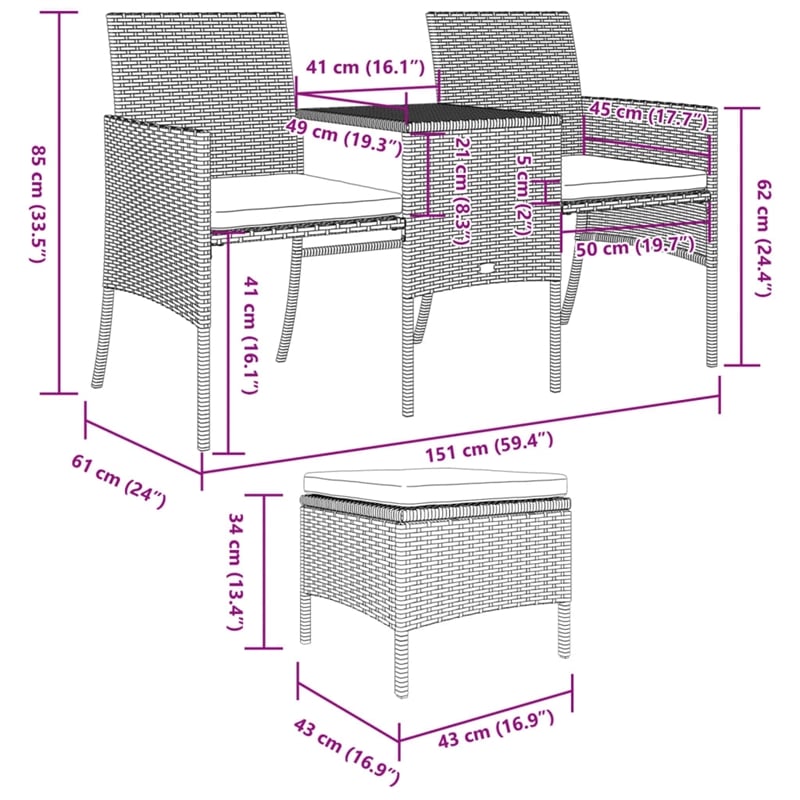 vidaXL PE Rattan 2 Seater Removable Covers Patio Sofa Set in Grey