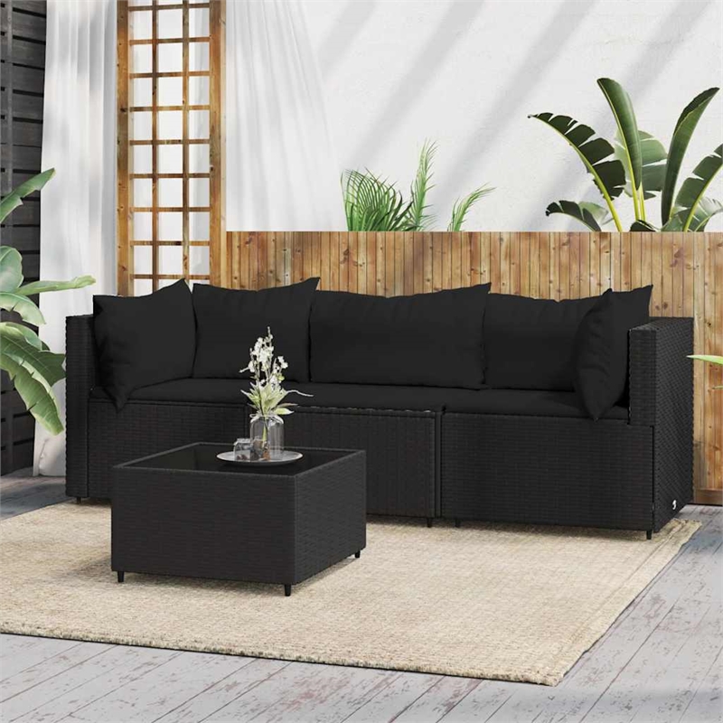 vidaXL PE Rattan Powder-Coated Steel & Tempered Glass Patio Lounge Set in Black
