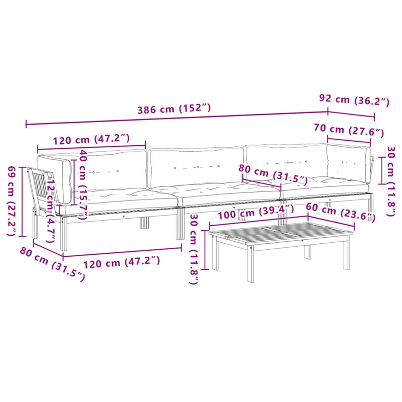 vidaXL Solid Acacia Wood & Polyester Pallet Sofa Set in Grey & Natural Wood