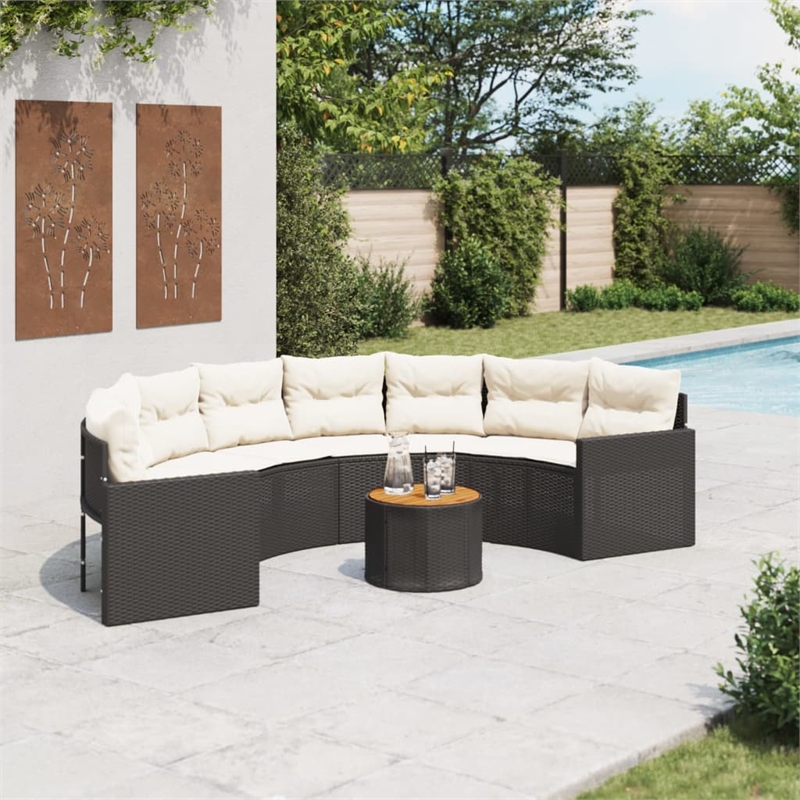 vidaXL Half-Round Black Poly Rattan Patio Sofa w/ Table & Cushions - Cream White
