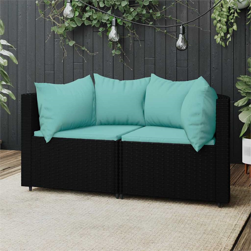 vidaXL Patio Corner Sofa in Black With Water Blue Cushions